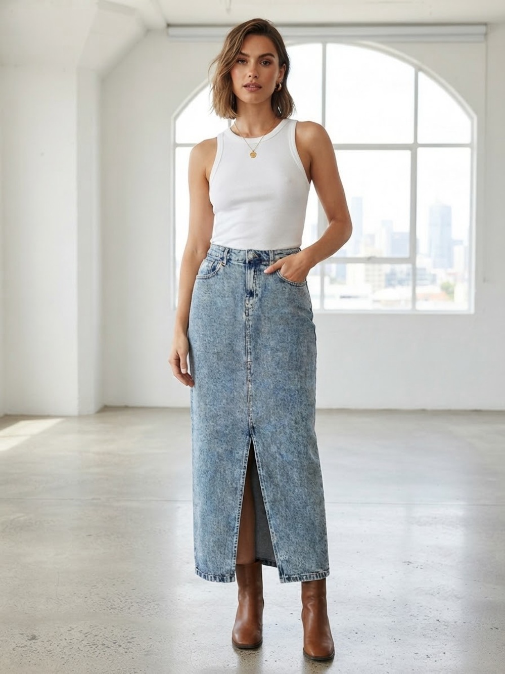 ASOS Light Blue Washed Denim Maxi Skirt with Front Slit